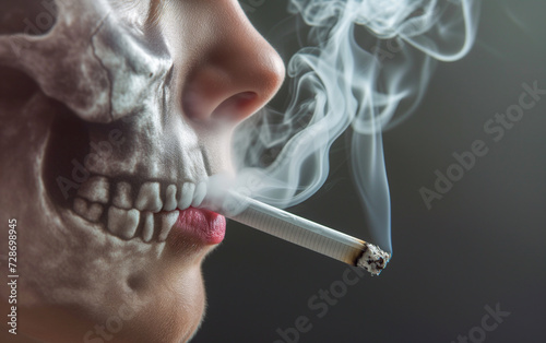 Profile image of a person smoking a cigarette, the skull can be seen in the face, concept of the harmfulness of smoking