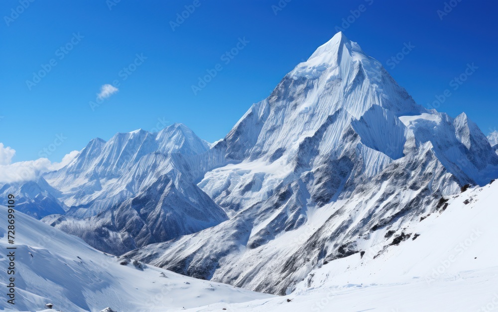 Imposing snowy mountain under clear blue sky showcasing nature's grandeur and stillness