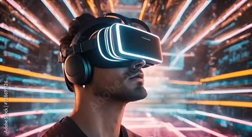 primo piano di uomo che indossa un casco VR e si immerge nella realtà virtuale, multiverso e colori al neon photo