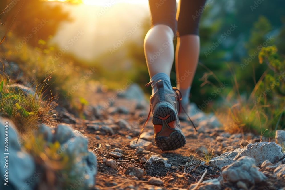 Hiking in the mountains. Female legs with sports shoes and backpack running on a trail mountain, close up. Hiking in the mountains. Female legs with sports shoes and backpack running on a trail mountain, close up.