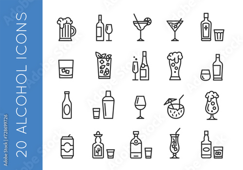 Alcohol icons.Set of 20 alcohol minimal icons. Beer, ice, wine, cocktail, soda, bottle. Icons set for restaurant,bar,pab menu,web page, mobile app,packaging. Vector illustration
