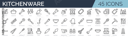 Set of 45 outline icons related to kitchenware. Linear icon collection. Editable stroke. Vector illustration