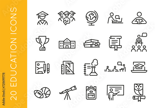 Set of 20 black line icons related to education and learning on a white background for mobile, web app, promotional materials, and SMM. Vector illustration