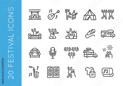 Festival, outdoors, event line icons  Celebration, party, holidays simple line icons on white background for mobile app, web, promotional and SMM. Editable stroke. Vector illustraton.