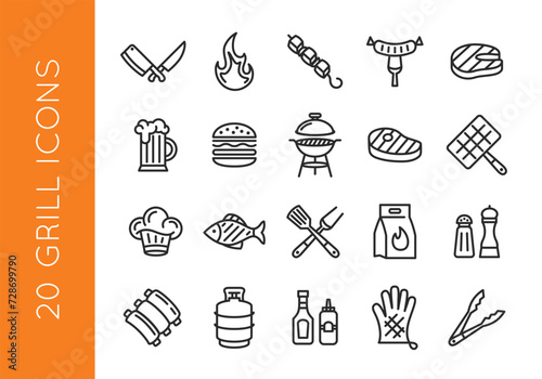 Grill icons, Set of 20 minimal icons. Grilling, cooking equipment, utils, outdoors. Icons set for restaurant menu, web page, mobile app, packaging design. Vector illustration
