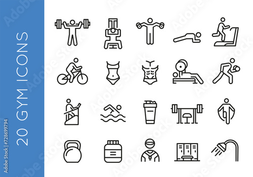 20 black line icons depicting various fitness activities and gym equipment on a white background for mobile, web application, promotional materials and SMM. Vector illustration