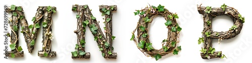 Alphabet letters M, N, O, P made of branches and green leaves