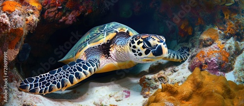 Adult hawksbill sea turtles primarily inhabit tropical coral reefs, resting in caves and ledges during the day.