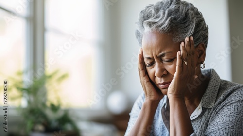 Elderly woman with a pained expression possibly depicting headache or distress