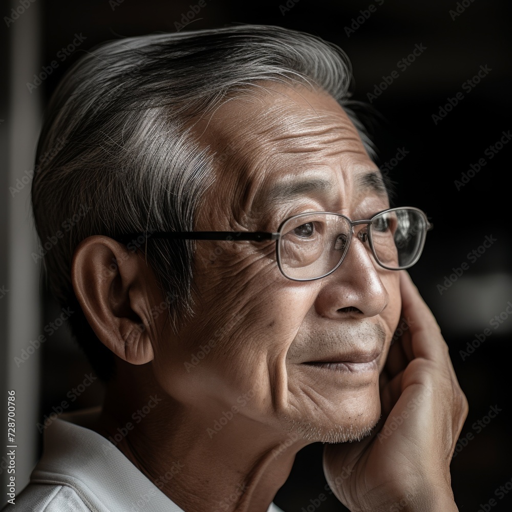 Portrait of a thoughtful elderly Asian man possibly for healthcare or lifestyle content Portrait of a thoughtful elderly Asian man possibly for healthcare or lifestyle content
