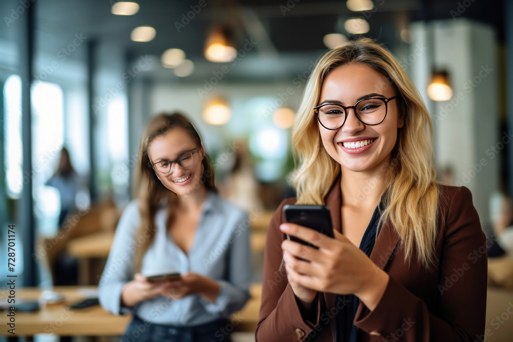 A cheerful and smiling young successful female businesswoman standing with colleague looking at smartphone in modern office and coworking space.