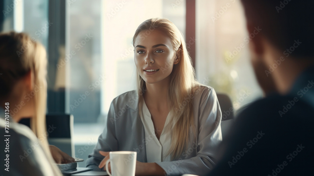 A female manager discussing new project with her colleagues. A female manager discussing new project with her colleagues.