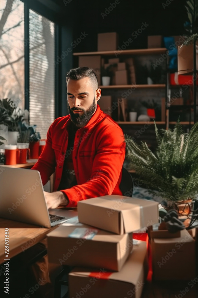A handsome young man running online store, He is owner of small online shop. Receiving orders and packing boxes for delivery. A handsome young man running online store, He is owner of small online shop. Receiving orders and packing boxes for delivery.