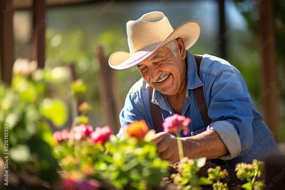 Senior man happily gardening in bright sunlight