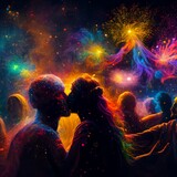 A cosmic celebration of Holi, where unseen cosmic entities engage in a dance of colors beneath a canopy