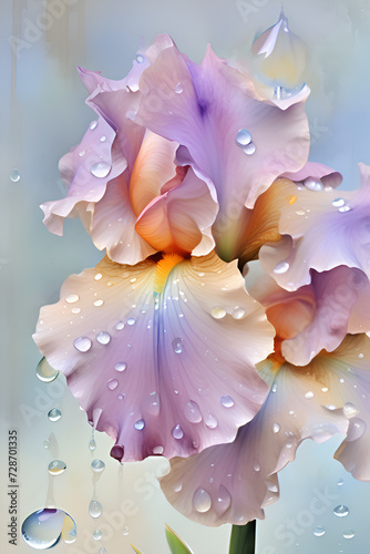 beautiful art with soft lavender blue  irises flowers against pink abstract  background. close up. paint watercolor style. Ai genarated
