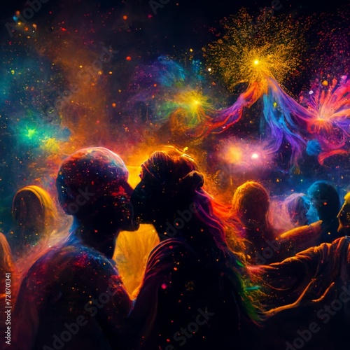 A cosmic celebration of Holi, where unseen cosmic entities engage in a dance of colors beneath a canopy
