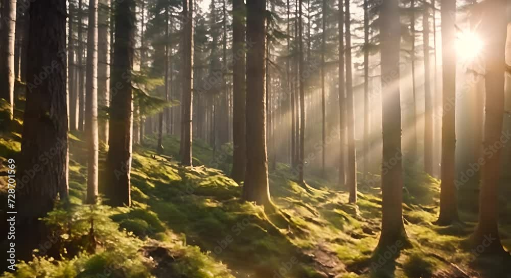 raggi sdi sole che penetrano nella foresta, leggera nebbiolina data dall'umidità, sfondo mistico della natura, 