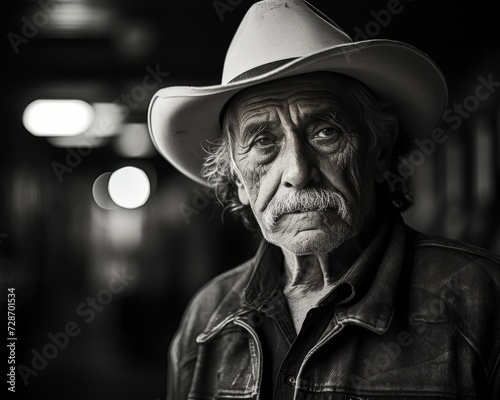 Portrait of an elderly man wearing a cowboy hat with a contemplative expression