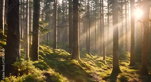raggi sdi sole che penetrano nella foresta, leggera nebbiolina data dall'umidità, sfondo mistico della natura,  photo