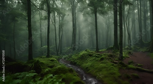 scorcio di foresta affascinante sotto la pioggia,  natura mistica, leggera nebbia data dall'umidità, giovane ruscello che scorre photo