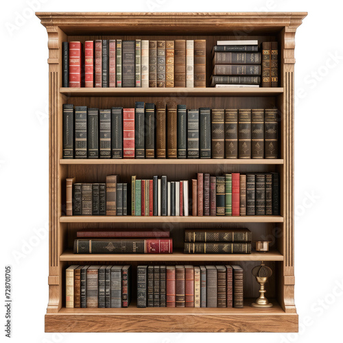 A Tall Bookcase Filled With Books.. Isolated on a Transparent Background. Cutout PNG.