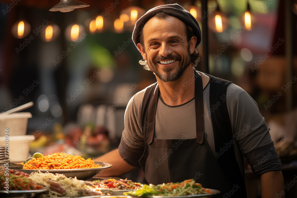 Male Street Food Vendor with a Food Cart