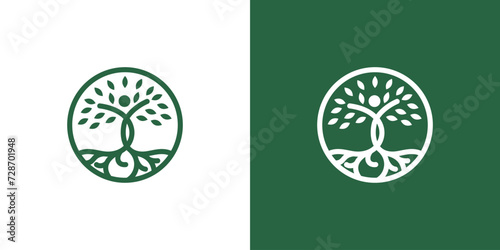 line art nature logo vector design of tree and man or person inside circle, abstract tree logo symbol inside circle photo