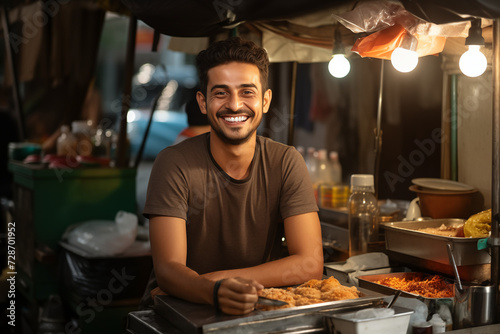 Male Street Food Vendor with a Food Cart