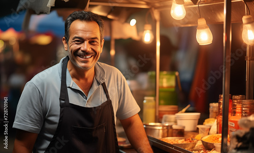 Male Street Food Vendor with a Food Cart