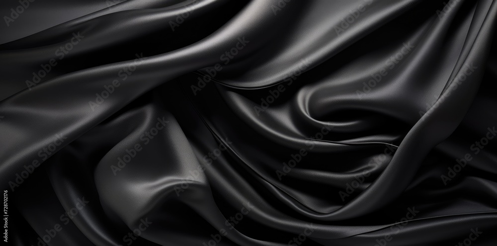 This photo shows a detailed close-up of a black silk fabric, showcasing its texture and sheen.