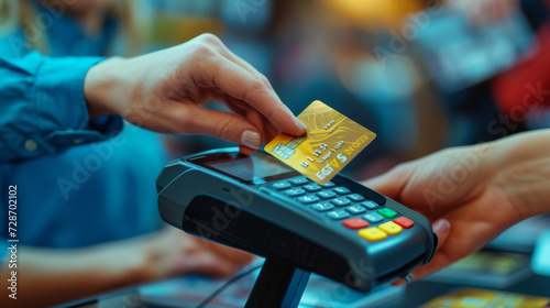 a person's hand holding a credit card and using it to complete a payment on a card terminal, depicting a financial transaction in a retail setting photo