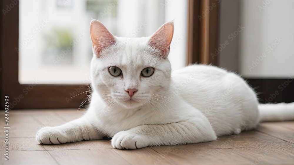 White american shorthair cat laying on the floor indoor