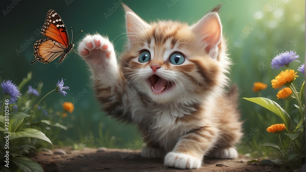 Innocence in Motion: Playful Kitten Capturing a Delicate Butterfly