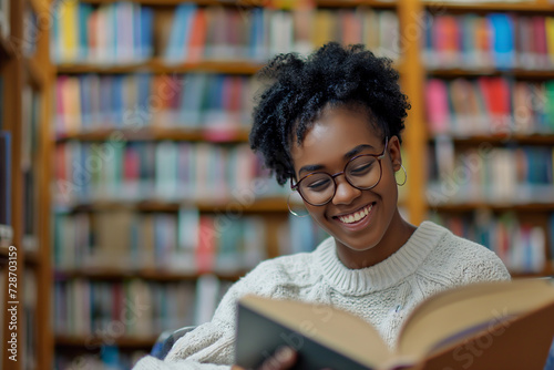 Woman reading a book in library. Portrait of college girl reading book in library