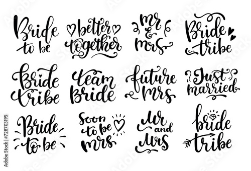 Wedding lettering set. Black hand lettered quotes for greeting cards, gift tags, labels. Isolated vector illustrations.