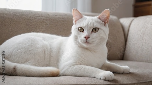 White american shorthair cat lying on sofa at home
