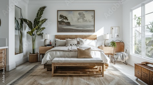 natural coastal interior bedroom beautiful example of modern coastal style including a soft natural color palette, natural elements cane bed blue and white patterned rug and white nights house design
