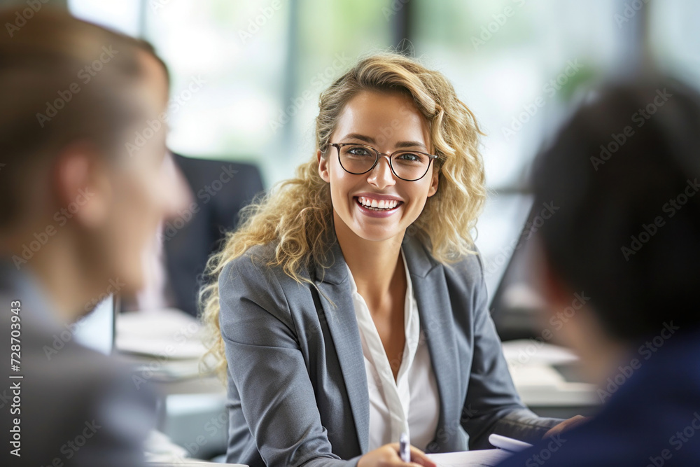 Businesswoman manager discussing with colleagues, Smiling businesswoman discussing over document with colleagues in office.