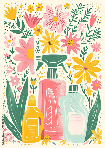 Seasonal spring cleaning, florals and cleaning products pastel retro design