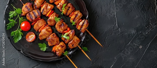 Barbecue kebabs on black plate, top view, with empty space.