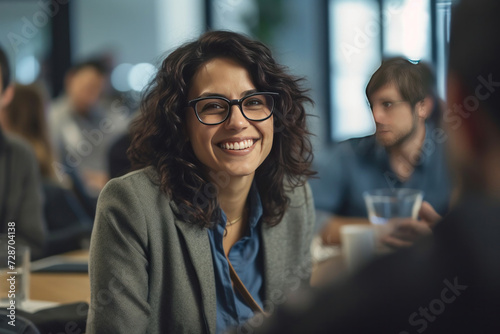 Candid of Hispanic Businesswoman in Office Meeting, bespectacled female executive in early 30s sitting at conference table and laughing as she interacts with off-camera colleague. photo