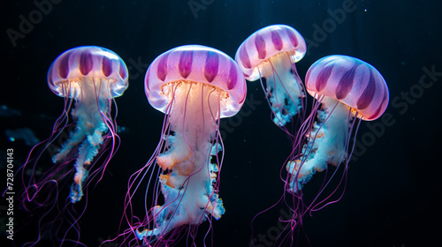 Many colorful jellyfish gracefully glide through the dark depths of the sea, their translucent bodies illuminated by the soft glow of bioluminescent plankton © usama