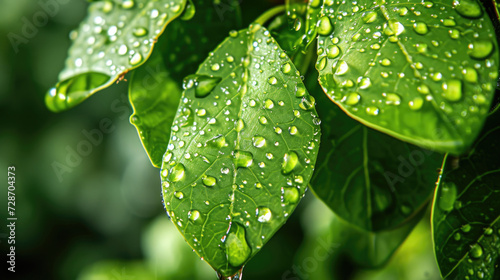 Close up of water droplets on vibrant fresh green leaves background
