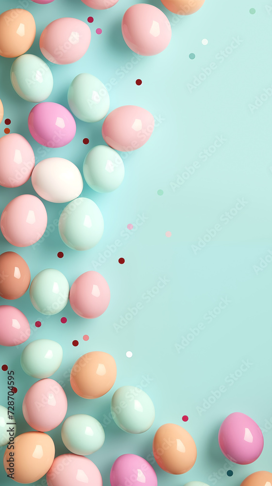 Pastel Easter eggs on blue Background. Easter greeting card