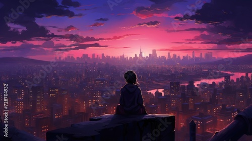 Fotografia A person sits on a ledge, gazing out over a sprawling cityscape.