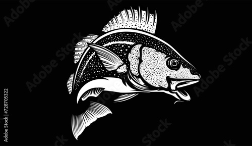 Cod fish logo design. Cod fish emblem. Fishing theme illustration. Fish Isolated on white.