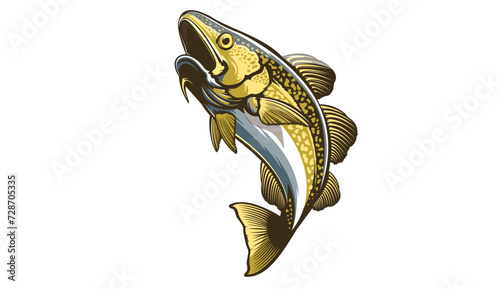 Cod fish logo design. Cod fish emblem. Fishing theme illustration. Fish Isolated on white.