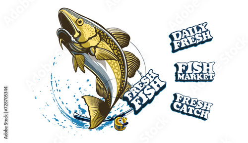 Cod fish logo design. Cod fish emblem. Fishing theme illustration. Fish Isolated on white.