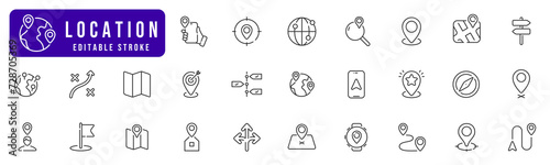 Location line icon set. Navigation, gps, map, destination, marker, pointer etc. Editable stroke